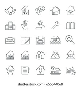 Real estate market linear icons set. Property development thin line symbols. Building business. Home, house, blueprint, buy, rent and sell signs. Isolated vector outline illustrations. Editable stroke