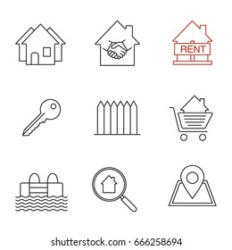 Real Estate Market Linear Icons Set. Neighborhood, House For Rent, Key, Fence, Swimming Pool, Building Location, Real Estate Deal. Thin Line Contour Symbols. Isolated Vector Outline Illustrations