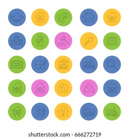 Real estate market linear icons set. Property development. Building business. Home, house, blueprint, buy, rent and sell signs. Thin line outline symbols on color circles. Vector illustrations
