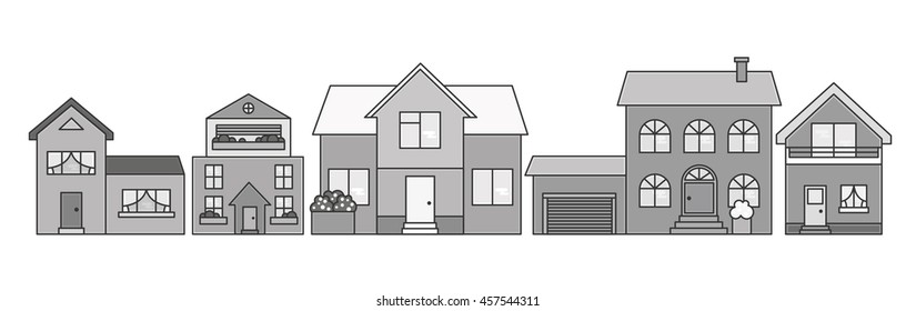 Real estate market modern flat image houses. Monochrome vector cityscape design for header image. For sale concept. Property investment, buy, sell, rent house, apartment. Poster, web banner.