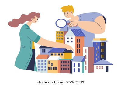 Real estate market and offers for couples and young families. Man and woman with magnifying glass looking at houses and dwelling in buildings. Wife and husband, investors or agents, vector in flat