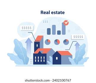 Real estate market overview showcasing property values, growth indicators, and diverse investment channels. Evaluating housing prospects and financial returns. Flat vector illustration