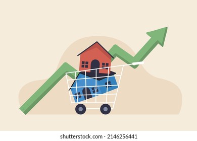 Real estate market price rising up chart. New home purchase. House inside shopping cart trolley.