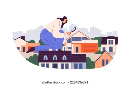 Real estate market study, property research concept. Buyer, agent searching, looking for residential house, choosing home with magnifying glass. Flat vector illustration isolated on white background