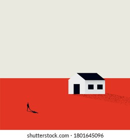 Real estate market vector concept with customer walking to a house. Mortgage, loan, property investment advertisement. Modern minimal art design style. Eps10 illustration.