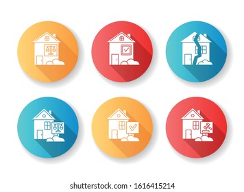 Real estate matters flat design long shadow glyph icons set. Tenancy legal dispute. Property litigation, court case. Realty trial. Lease agreement, contract. Silhouette RGB color illustration