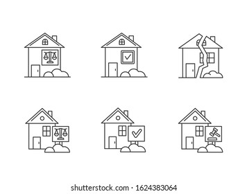 Real estate matters pixel perfect linear icons set. Tenancy legal dispute. Property litigation, trial. Customizable thin line contour symbols. Isolated vector outline illustrations. Editable stroke