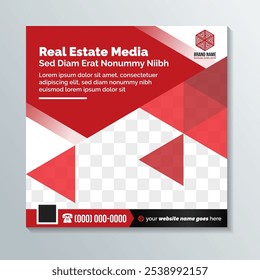 Real estate media agency square banner template for social media post, red and black color element isolated on white background. transparent triangle pattern and space for photo collage.