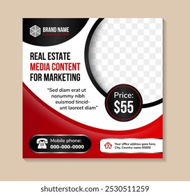 Real Estate media content for marketing social Media Post Template, Editable Post Template Social Media Banners with space for photo. red and black color on element isolated on white background.