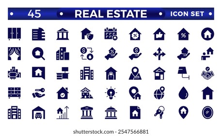 Real Estate minimal solid web icon set. Included the icons as realty, property, mortgage, home loan and more. Solid icons collection. House, key, buy, sell, loan,  building, address, bedroom