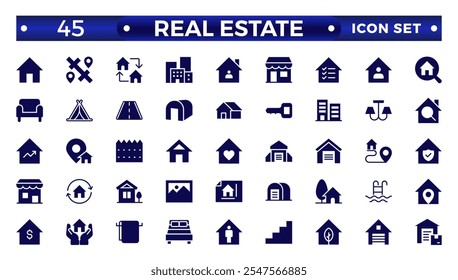 Real Estate minimal solid web icon set. Included the icons as realty, property, mortgage, home loan and more. Solid icons collection. House, key, buy, sell, loan,  building, address, bedroom
