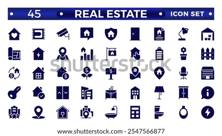 Real Estate minimal solid web icon set. Included the icons as realty, property, mortgage, home loan and more. Solid icons collection. House, key, buy, sell, loan,  building, address, bedroom