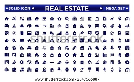 Real Estate minimal solid web icon set. Included the icons as realty, property, mortgage, home loan and more. Solid icons collection. House, key, buy, sell, loan,  building, address, bedroom