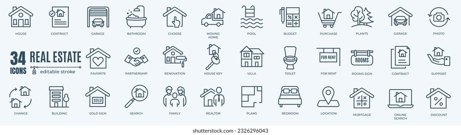 Real Estate minimal thin editable line web icon set. Included the icons as rent, property, mortgage, home loan and more. Outline icons collection. Simple vector illustration 