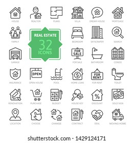 Real Estate minimal thin line web icon set. Included the icons as realty, property, mortgage, home loan and more. Outline icons collection. Simple vector illustration.