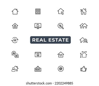 Real Estate minimal thin line web icon set. Included the icons as realty, property, mortgage, home loan and more. Outline icons collection. Simple vector illustration