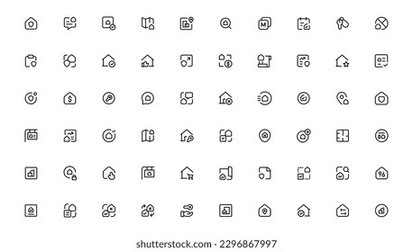 Juego de iconos de la línea delgada del inmueble. Se incluyeron los íconos como la propiedad, la hipoteca, el préstamo de viviendas y más. Colección de iconos de contorno