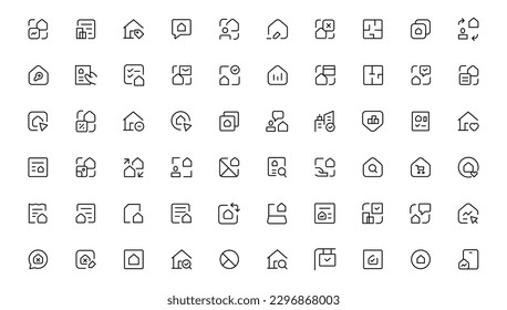 Juego de iconos de la línea delgada del inmueble. Se incluyeron los íconos como la propiedad, la hipoteca, el préstamo de viviendas y más. Colección de iconos de contorno