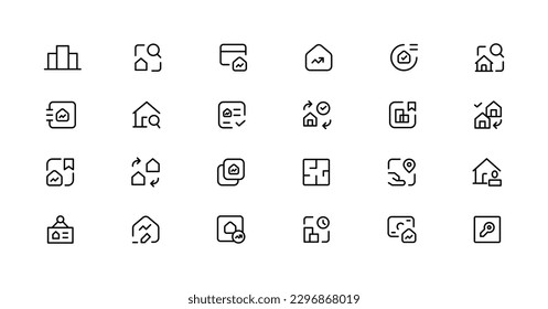 Real Estate minimal thin line web icon set. Included the icons as realty, property, mortgage, home loan and more. Outline icons collection