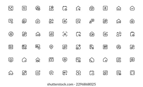 Juego de iconos de la línea delgada del inmueble. Se incluyeron los íconos como la propiedad, la hipoteca, el préstamo de viviendas y más. Colección de iconos de contorno