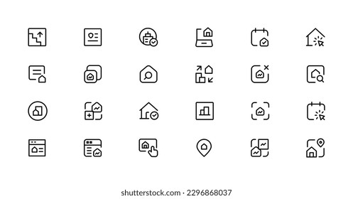 Real Estate minimale dünne Linie Web-Icon Satz. Einschließlich der Symbole wie Immobilien, Hypotheken, Wohnungsdarlehen und mehr. Kollektion von Symbolen im Überblick