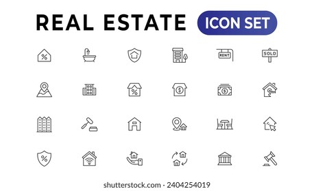 Real Estate minimal thin line web icon set. Included the icons as realty, property, mortgage, home loan and more. Outline icons collection. 