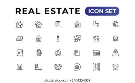 Real Estate minimal thin line web icon set. Included the icons as realty, property, mortgage, home loan and more. Outline icons collection. 