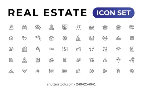 Real Estate minimal thin line web icon set. Included the icons as realty, property, mortgage, home loan and more. Outline icons collection. 