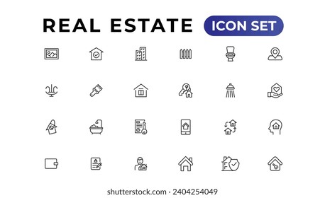 Real Estate minimal thin line web icon set. Included the icons as realty, property, mortgage, home loan and more. Outline icons collection. 
