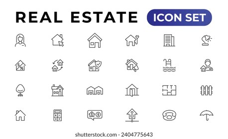 Real Estate minimal thin line web icon set. Included the icons as realty, property, mortgage, home loan and more. Outline icons collection. 