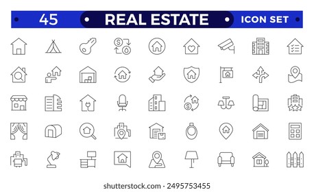 Real Estate minimal thin line web icon set. Included the icons as realty, property, mortgage, home loan and more. Outline icons collection. House, key, buy, sell, loan,  building, address, bedroom
