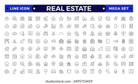 Real Estate minimal thin line web icon set. Included the icons as realty, property, mortgage, home loan and more. Outline icons collection. House, key, buy, sell, loan,  building, address, bedroom
