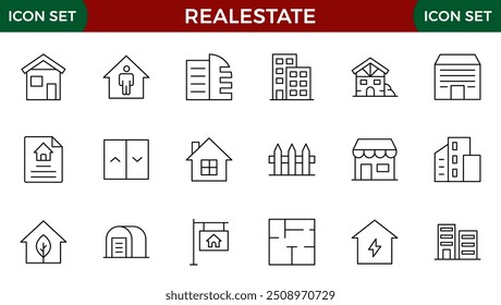 Real Estate minimal thin line web icon set. Included the icons as realty, property, mortgage, home loan and more. Outline icons collection. House, key, buy, sell, loan, building, address, bedroom