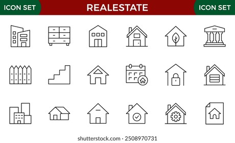 Real Estate minimal thin line web icon set. Included the icons as realty, property, mortgage, home loan and more. Outline icons collection. House, key, buy, sell, loan, building, address, bedroom