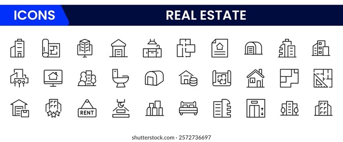 Real Estate minimal thin line web icon set. Included the icons as realty, property, mortgage, home loan and more. Outline icons collection. Simple vector