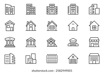 Real Estate minimal thin line web icon set. Included the icons as realty, property, mortgage, home loan and more. Outline icons collection. House, key, buy, sell, loan, building, address, bedroom