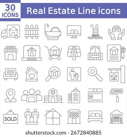 Conjunto de iconos de Web de línea delgada mínima de bienes raíces. Bienes raíces, propiedad, hipoteca, préstamo hipotecario