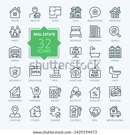 Real Estate minimal thin line web icon set. Included the icons as realty, property, mortgage, home loan and more. Outline icons collection. Simple vector illustration. Сток-фото © 