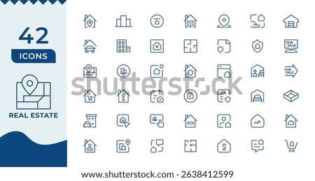 Real Estate minimal thin line web icon set. Included the icons as realty, property, mortgage, home loan and more. 