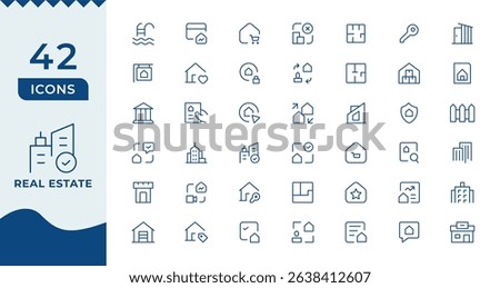 Real Estate minimal thin line web icon set. Included the icons as realty, property, mortgage, home loan and more. 