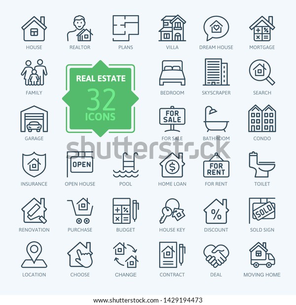 Real Estate\
minimal thin line web icon set. Included the icons as realty,\
property, mortgage, home loan and more. Outline icons collection.\
Simple vector\
illustration.