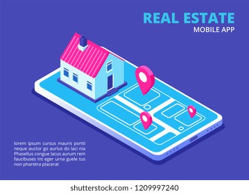 Real Estate Mobile App. Isometric House On Cellphone Screen. Search House Technology For Phone Application. Vector Concept