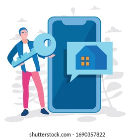 Real estate mobile app, realtor with big key, Vector illustration for web banner, infographics, mobile. 