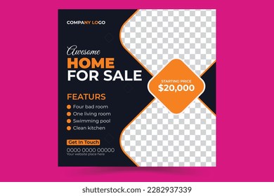 Real estate modern home sale banner or social media post template. Real estate social media feed banner template post. Real Estate Property Social Media Post Template, Modern Home Sale Social banner.