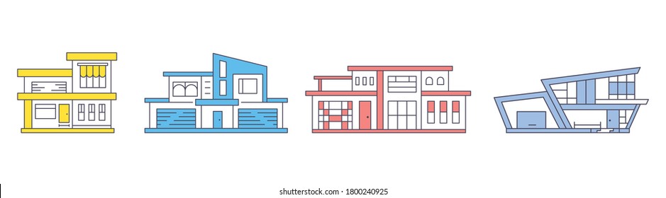 Real estate modern house set outline vector illustration. Contemporary style home types. Residential property.