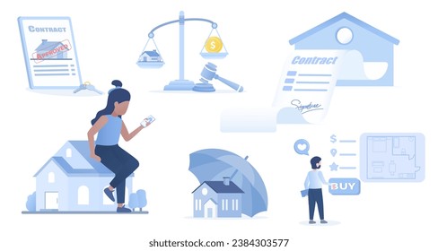 Real estate mortgage collection set. Online contract, real estate rental, buy home property,  search and explore, home insurance, legal management. Flat vector design illustration.