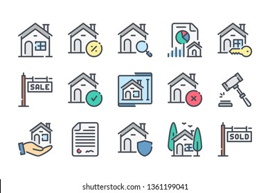 Real Estate and Mortgage color line icon set. Building and house linear icons. Mortage colorful outline vector sign collection.