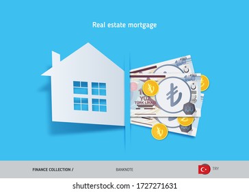 Real estate mortgage concept. 100 Turkish Lira banknotes and gold coins. Flat style vector illustration.