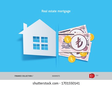 Real estate mortgage concept. 200 Turkish Lira banknotes and gold coins. Flat style vector illustration.