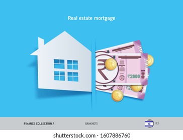 Real estate mortgage concept. 2000 Indian Rupee banknotes and gold coins . Flat style vector illustration.